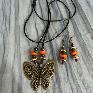 Artisan Butterfly Pendant Necklace and Earring Set - Gold and Orange